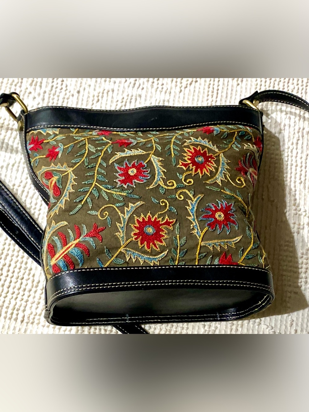 Turkish Embroidered Floral Canvas and Leather Bag in Olive with Colorful Accents - Picture 2 of 16